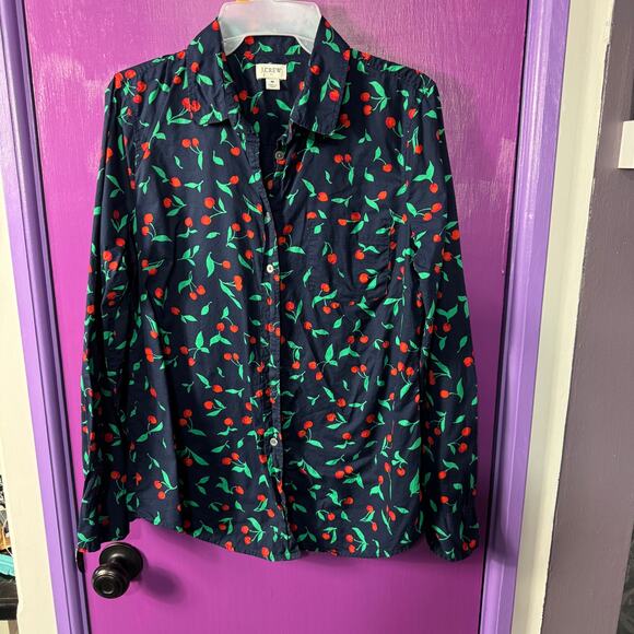 J.Crew Navy Cherry Print Button Down Shirt Long Sleeve Cotton Medium - Picture 2 of 9